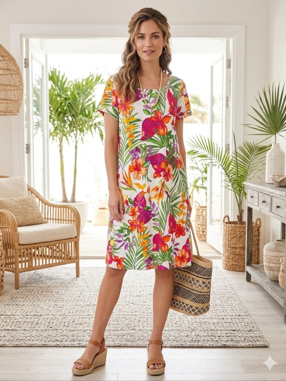 Women's White Tropical Floral Cap Sleeves Dress